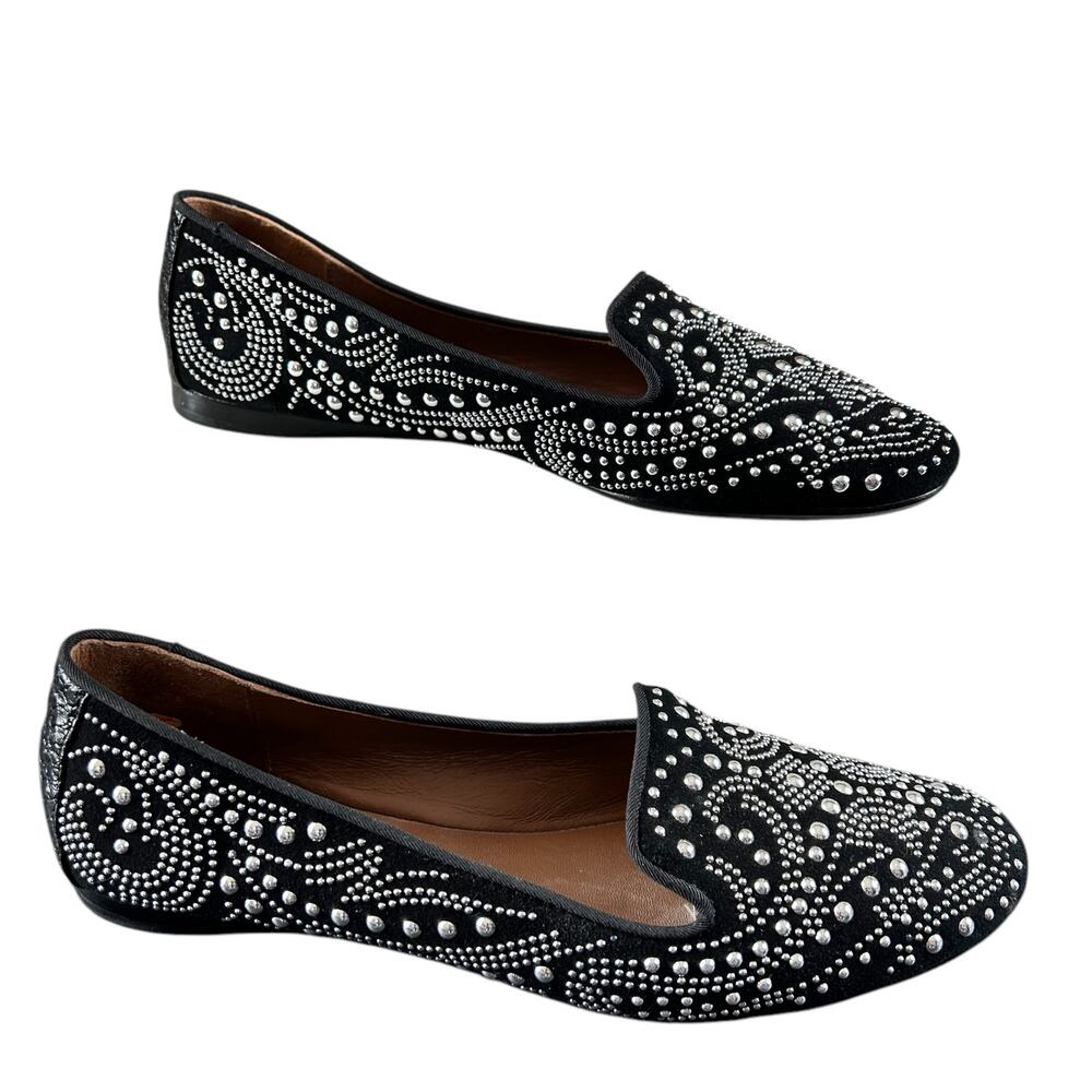 Donald J Pliner Flats Women Sze 8 M Black Suede Stud Beaded Leather Sole Loafers